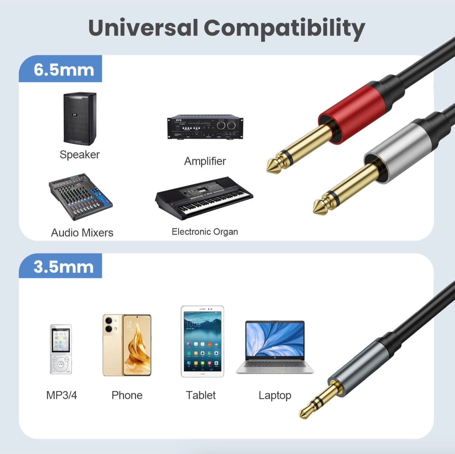 3.5mm to 6.35mm Cable, 3.5mm 1/8" TRS to Dual 6.35mm 1/4" TS Mono Y Splitter for Mixer, Amplifier