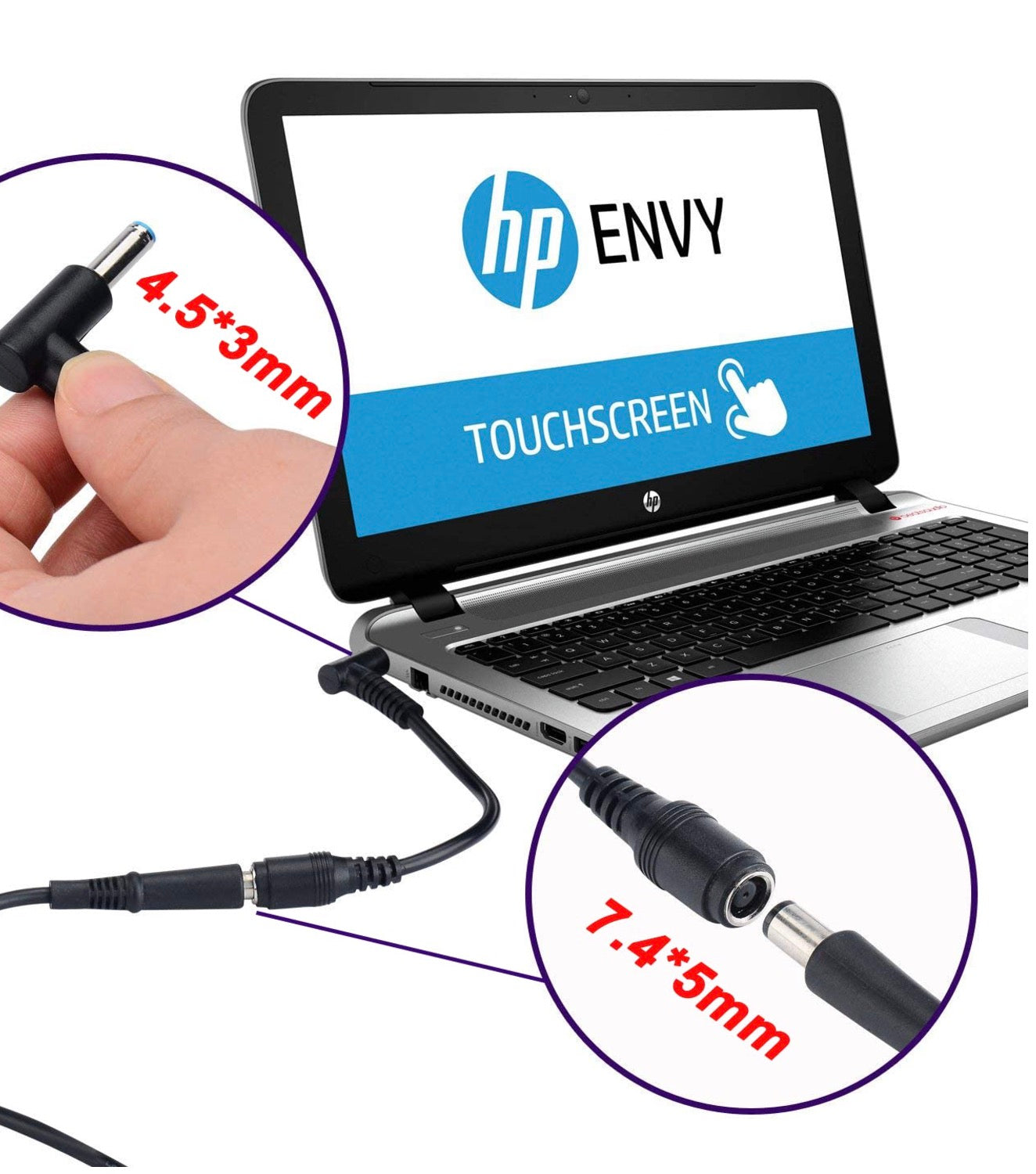 Laptop Power Supply Cable, DC 7.4mm x 5.0mm Female to 4.5mm x 3.0mm Male HP Notebook Charging Connector