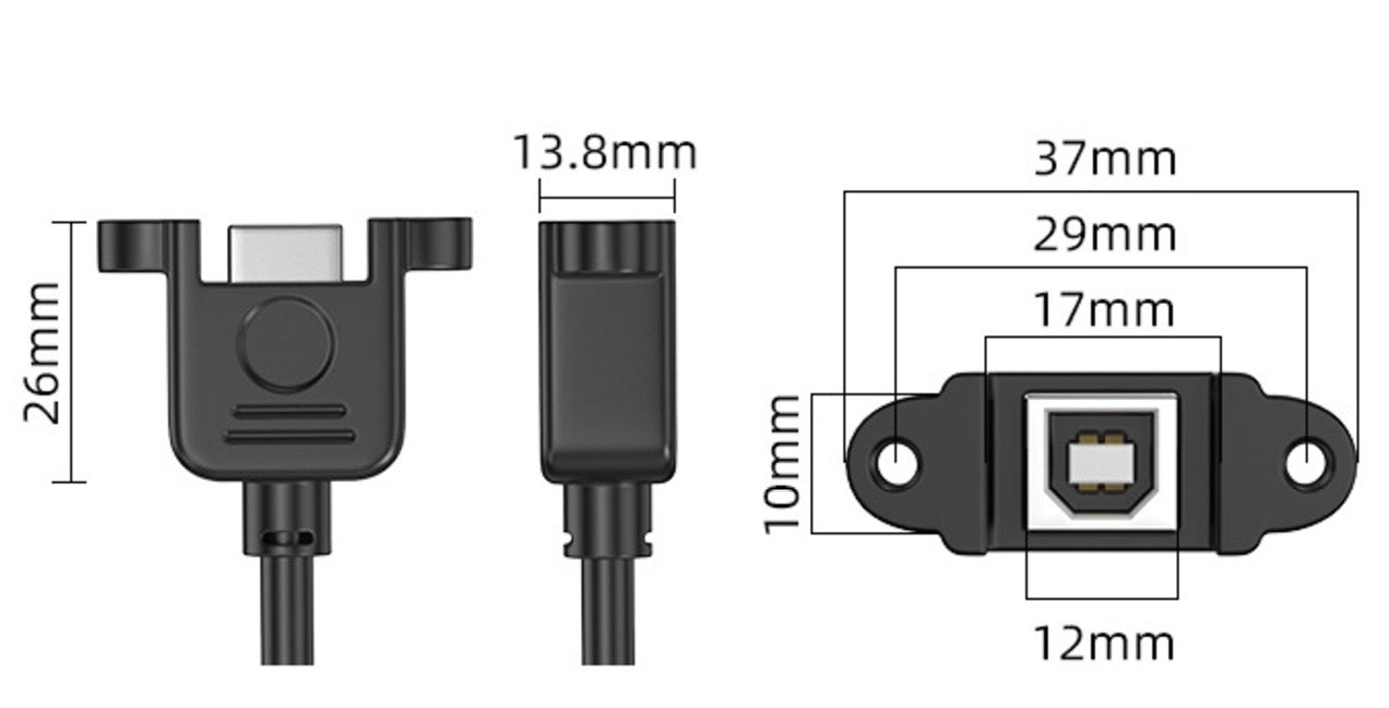 Printer Extension Cable, USB 2.0 Type B Male to Female Panel Mount Cable