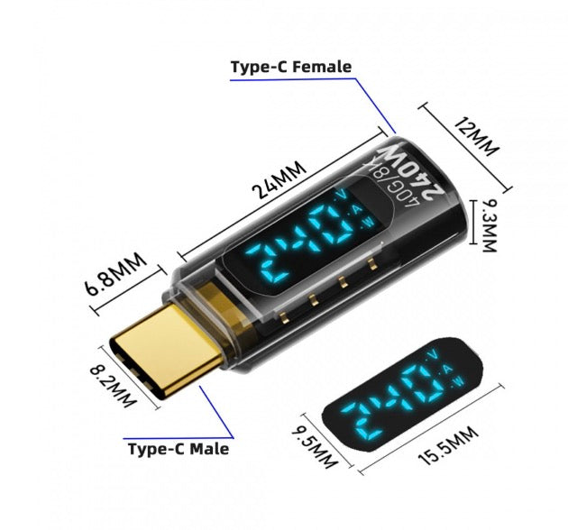 USB C Male to Female PD Charging Adapter | Current Voltage Monitor Display | USB4 240W 40Gbps