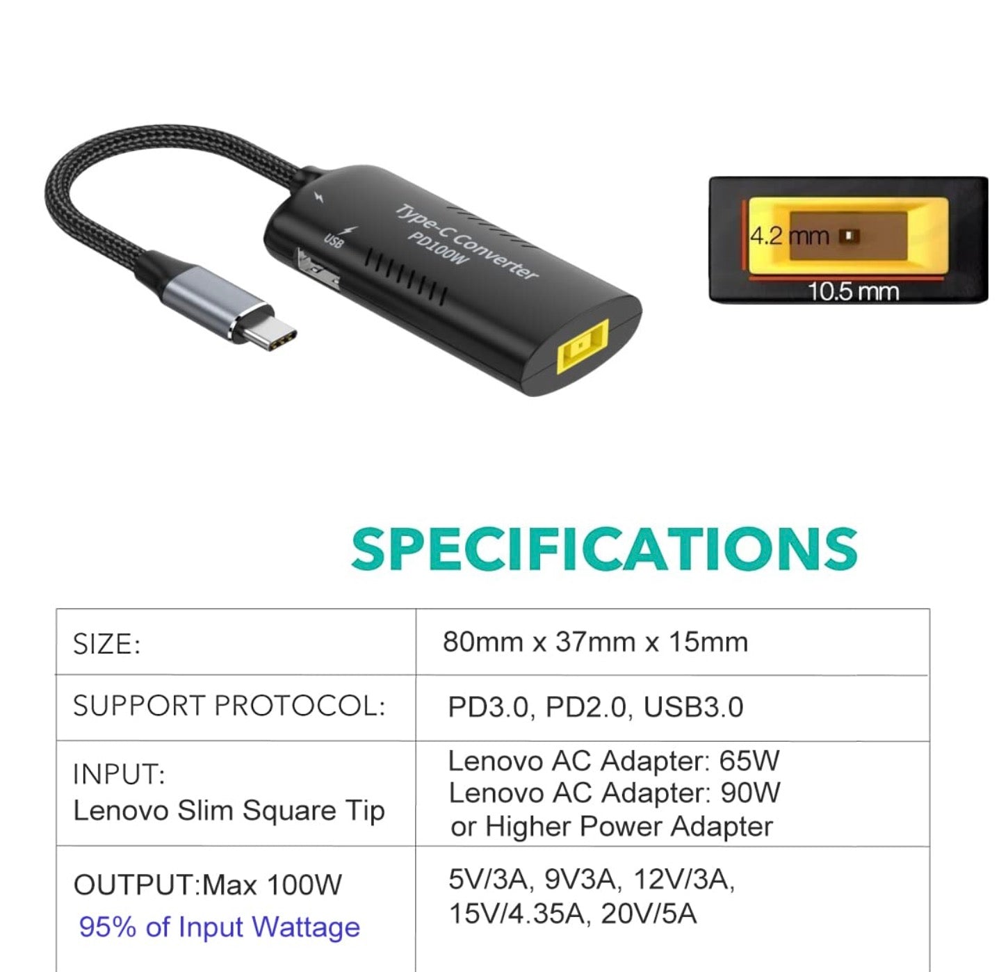 USB C PD Charging Adapter, Square Slim Tip Power to Type C Converter 5A 100W