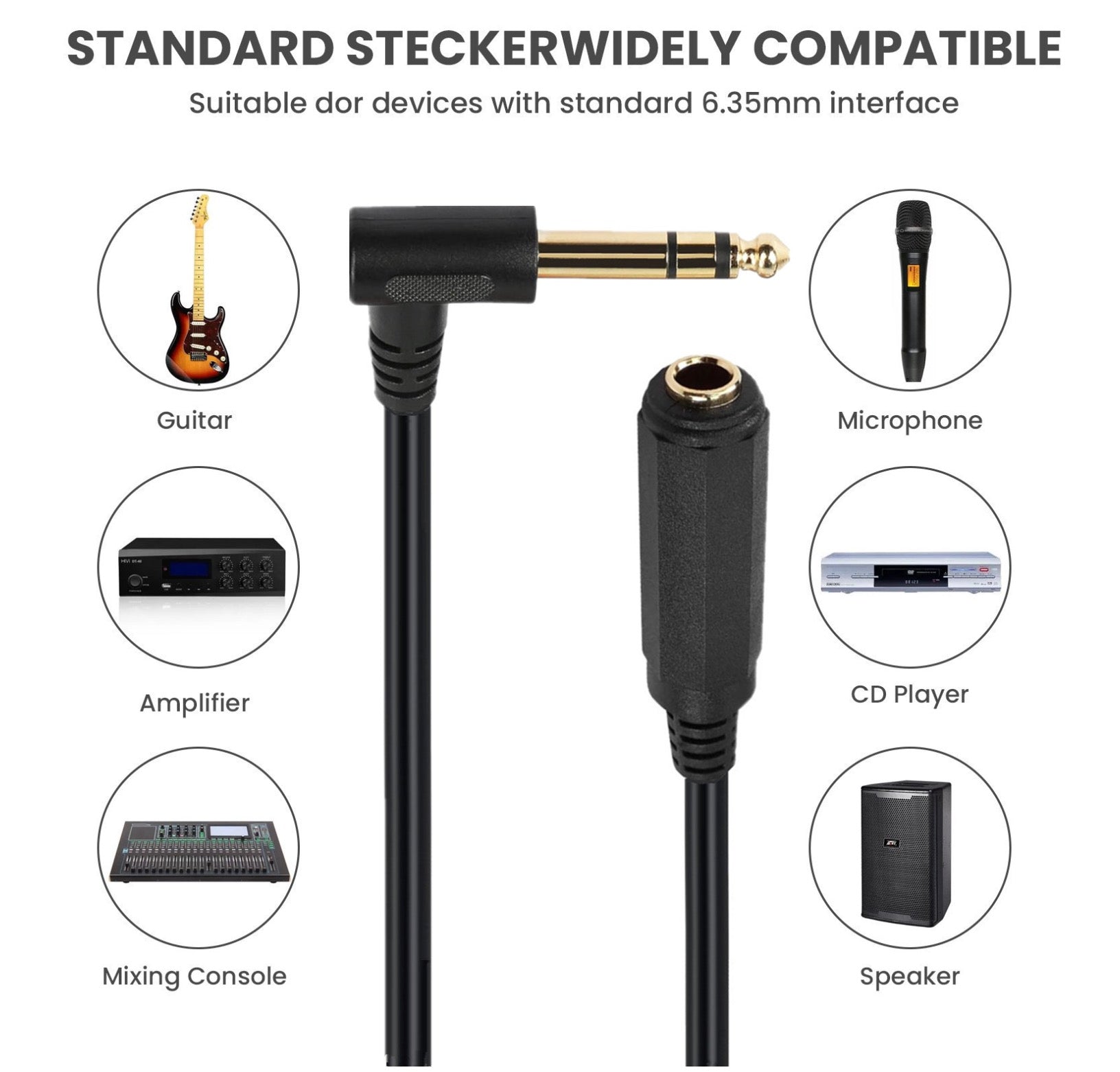 6.35mm 1/4 Inch TRS Male to Female Instrument Extension Cable | For Electric Guitar, Keyboard, Mixer, Amplifier