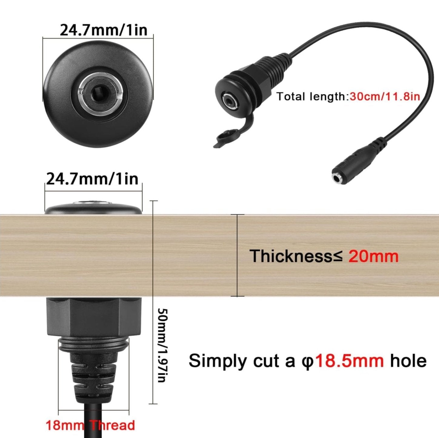 3.5mm Stereo Threaded Fixing Mount Waterproof Cable, 1/8 TRS Female to Female Embed Mount Headphone Socket Adapter