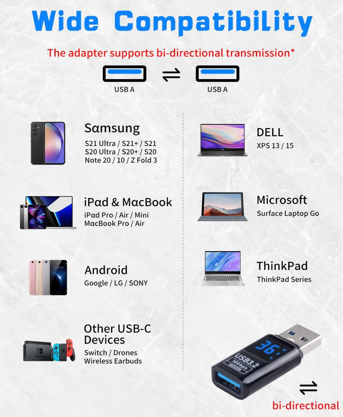 USB Extension Adapter, USB 3.2 A Male to A Female with Digital Display OTG USB Extender