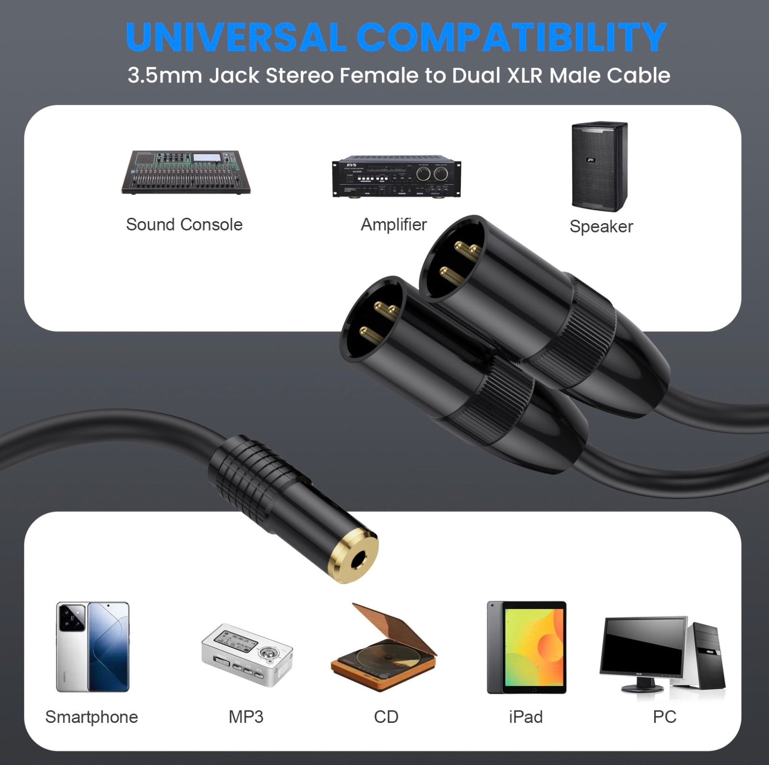 3.5mm to XLR Y Splitter, 3.5mm Female to Dual XLR Male Stereo Audio Extension Cable Converter