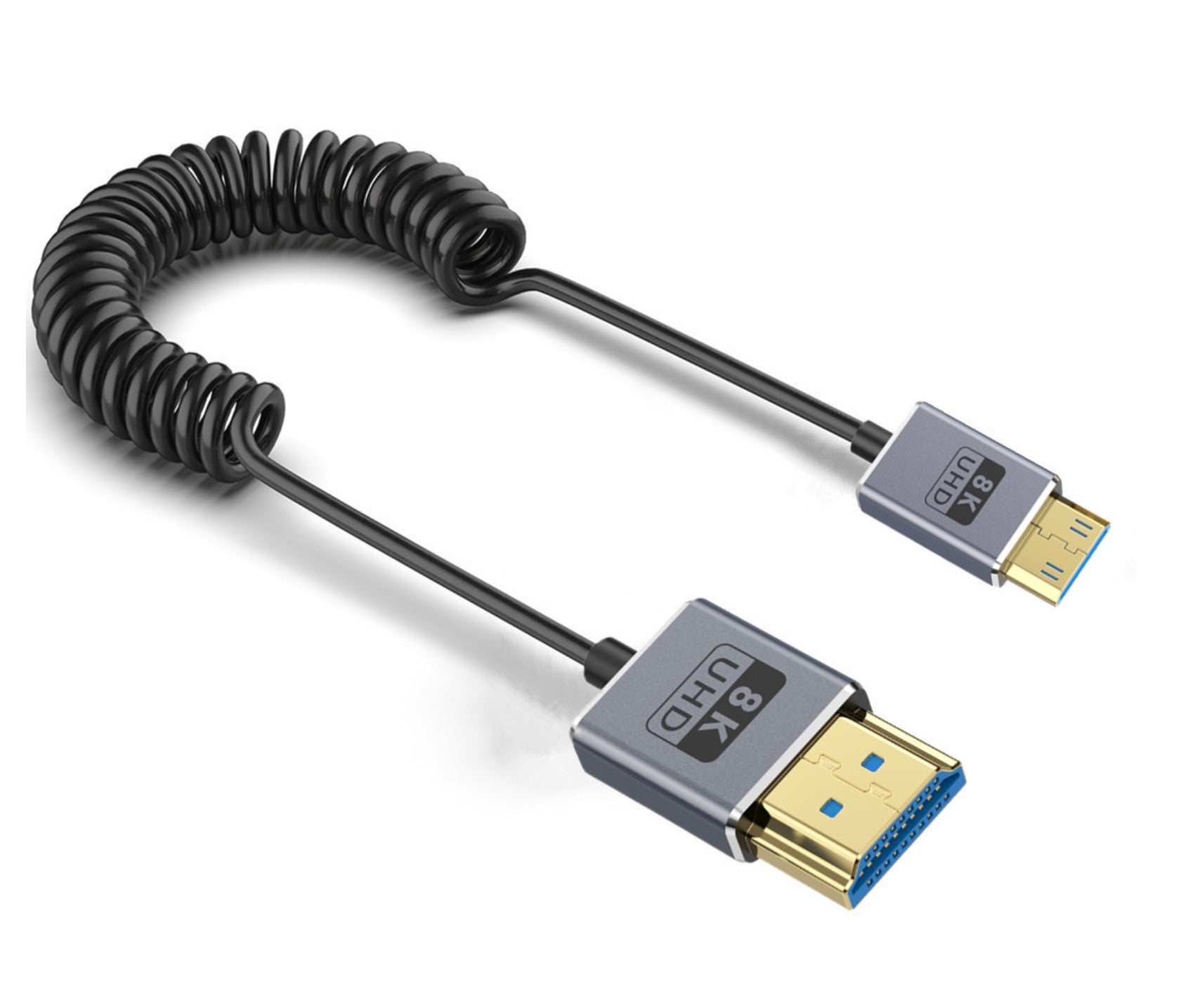 8K Mini HDMI to HDMI Coiled Cable, Ultra Thin HDMI Male to Mini HDMI Male OD2.5mm Audio Video Cable | 8K@60Hz