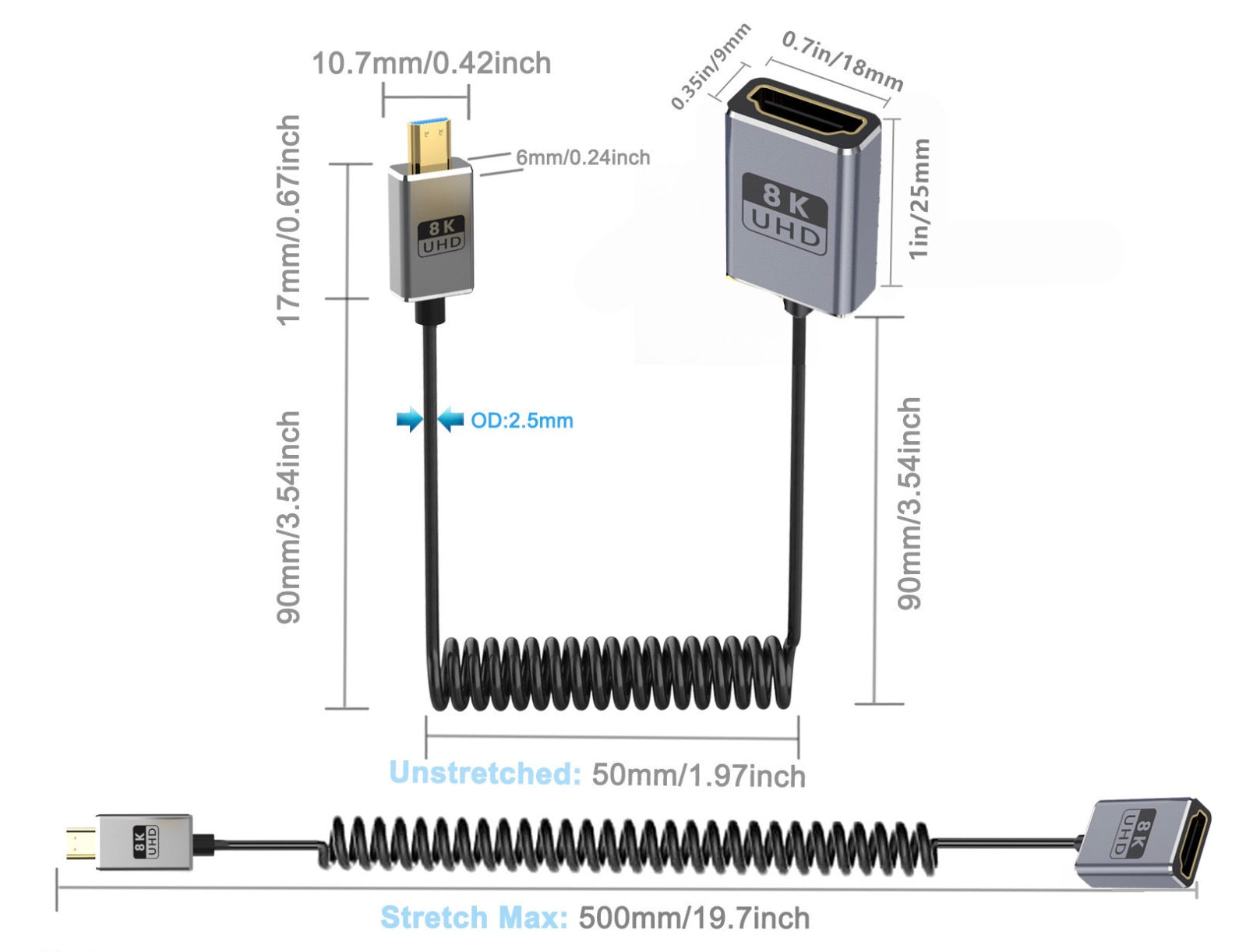 Ultra Thin 8K Micro HDMI Extension Cable, Micro HDMI Male to HDMI Female High Speed Coiled Cable | 8K@60Hz