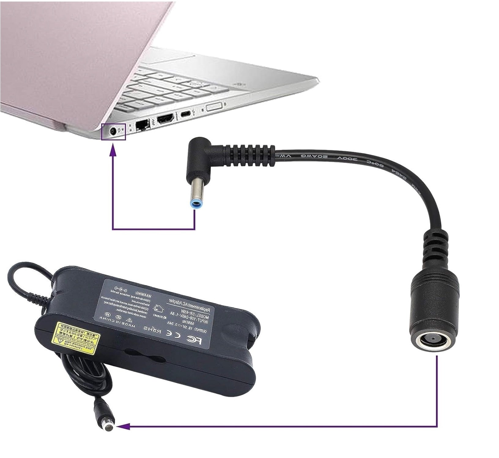 Laptop Power Supply Cable, DC 7.4mm x 5.0mm Female to 4.5mm x 3.0mm Male HP Notebook Charging Connector