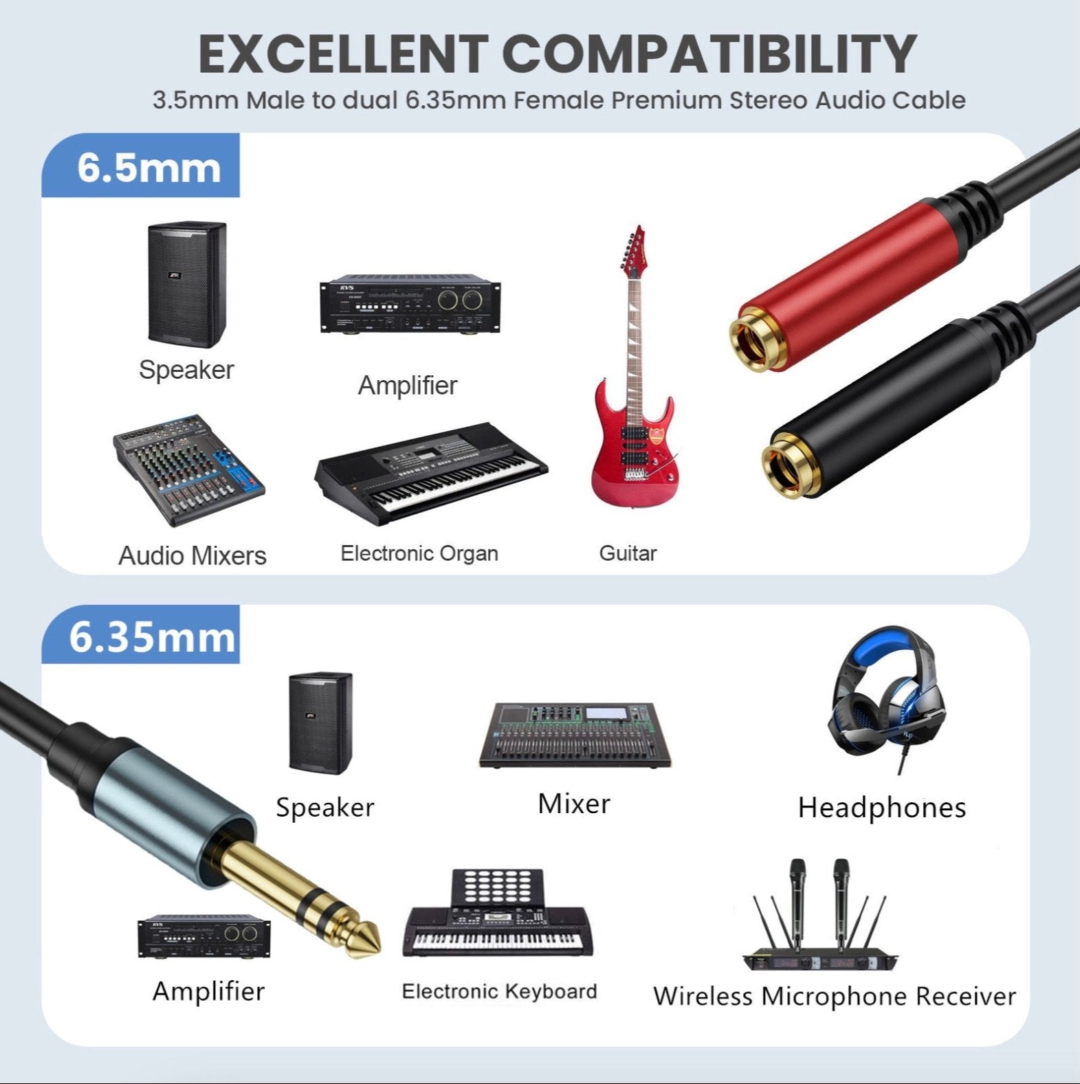 6.35mm (1/4 inch) Jack Y Splitter Cable, 6.35mm TRS Stereo Male to Dual 6.35mm TRS Female Jack Cord