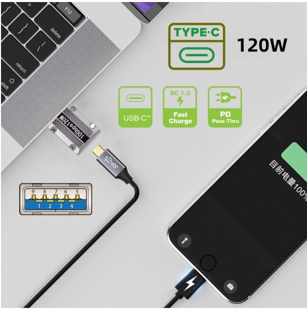 USB 3.0 A Male to USB C Female Data Power Adapter 10Gbps 120W