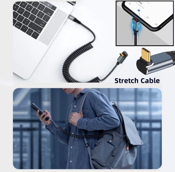 USB C to USB C Data PD Fast Charging Coiled Cable | 100W 20Gbps Up Down Angled