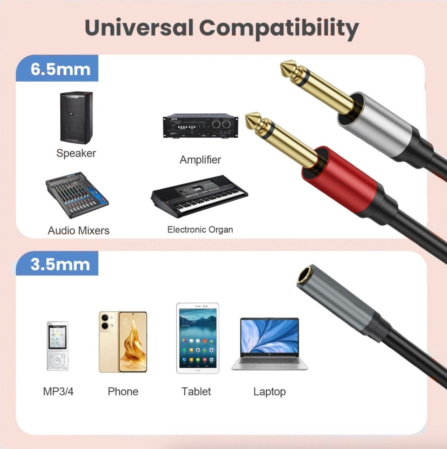 1/4" Stereo to Dual 1/4" Mono Insert Cable, 3.5mm Quarter inch Female TRS to Dual 1/4 Inch Male Y Audio Splitter