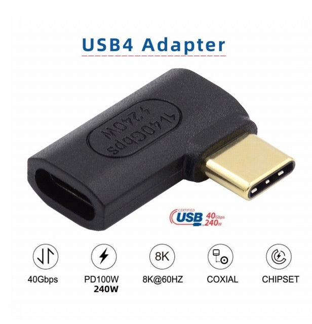 USB C 4.0 Male to USB C Female Angled Extension Adapter 240W 40Gbps USB4