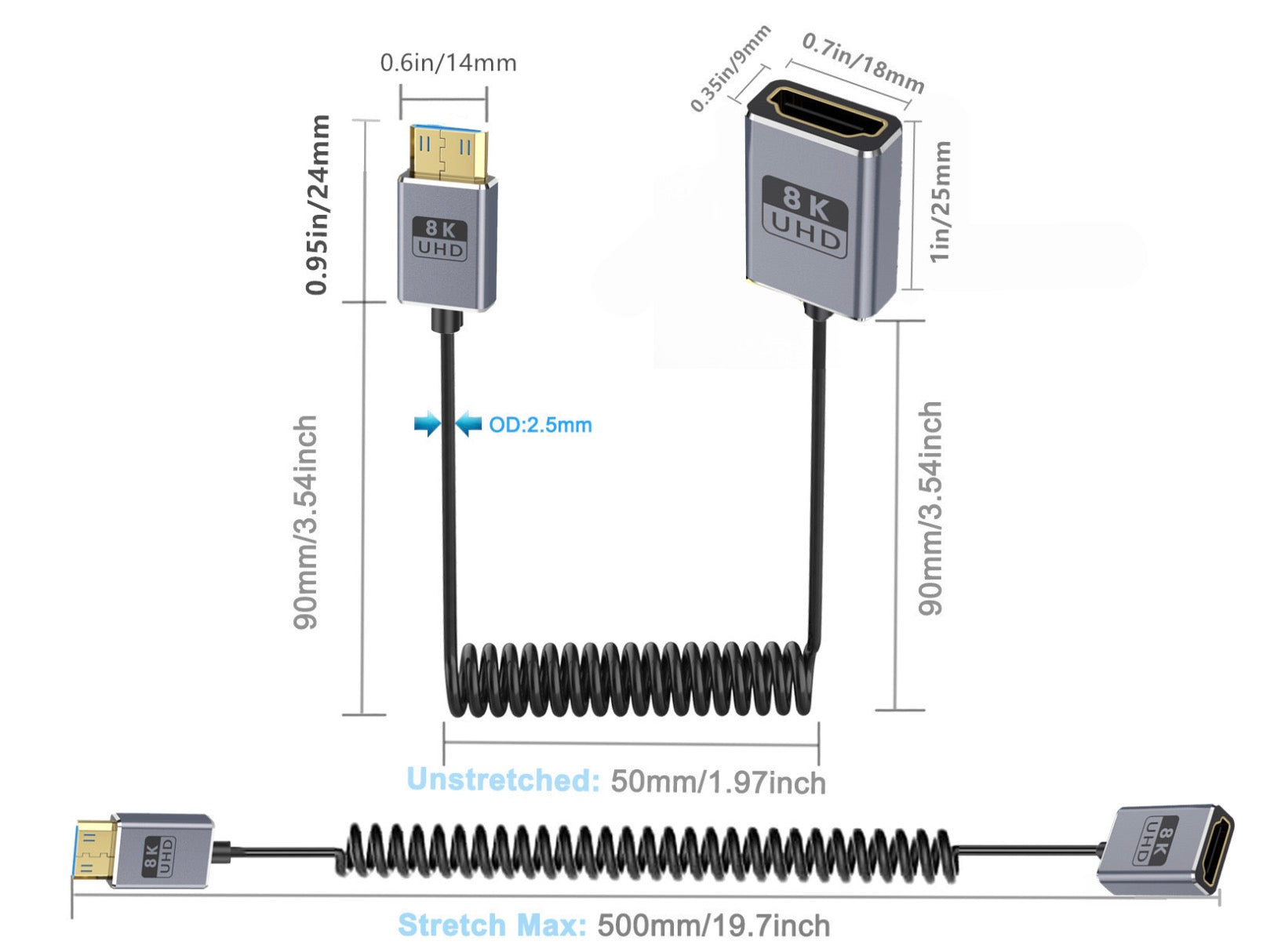 Ultra Thin Mini HDMI to HDMI Coiled Extension Cable, 8K HDMI Female to Mini HDMI Male Audio Video Cable | 8K@60Hz, 48Gbps