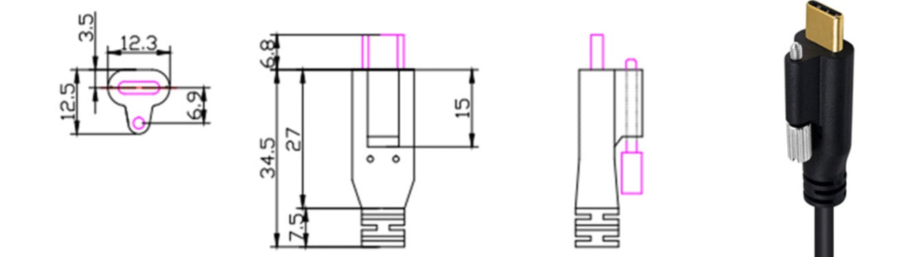 USB 3.1 Locking Screw Panel Mount Cable, USB C Single Screw to USB 3.0 A Dual Screws Data Connector