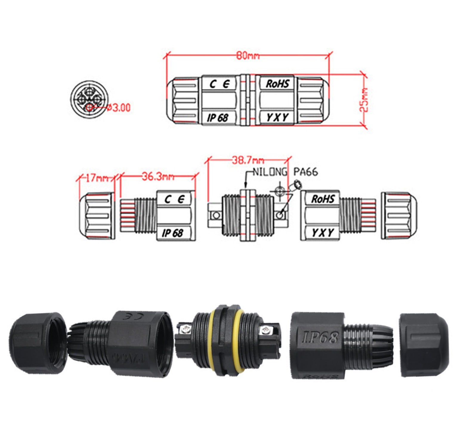 IP68 2Pins Junction Box Connector, M20 Waterproof Power Cable External Sleeve Coupler for Outdoor Underground Cable, LED Light