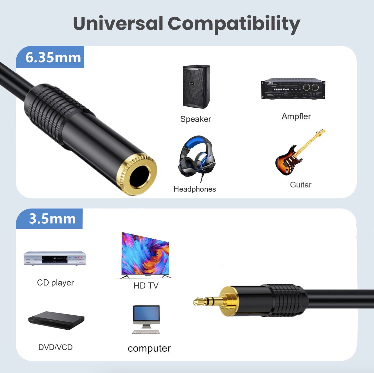 6.35mm Female to 3.5mm Male Plug Stereo Hifi Mic Audio Extension Cable