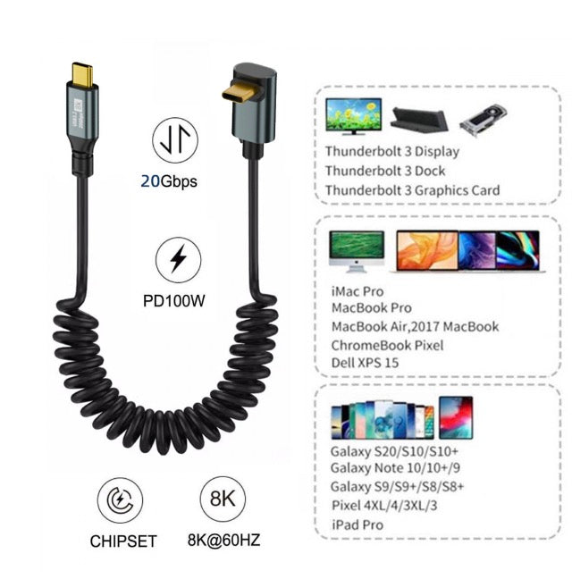 USB C to USB C Data PD Fast Charging Coiled Cable | 100W 20Gbps Up Down Angled