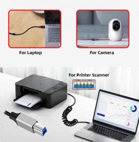 USB 3.0 Type A Male to USB 3.0 Type B Male Printer Coiled Cable