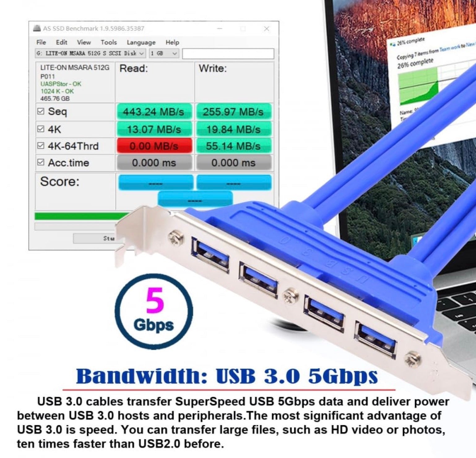 USB 3.0 Internal 4 Ports Female to 20 Pin Motherboard Baffle Cable with PCI Panel Mount