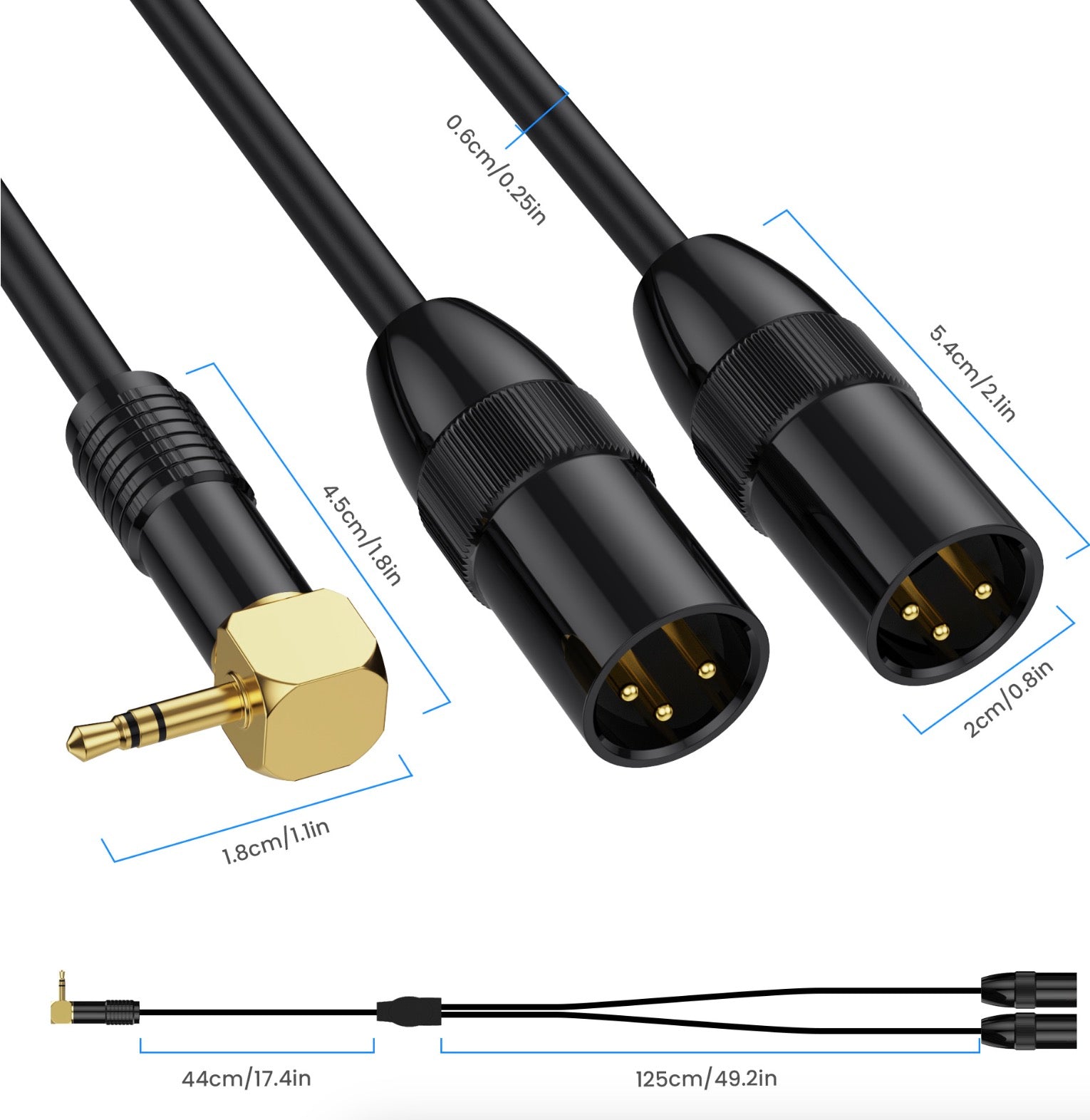 3.5mm to 2 XLR Y Splitter, TRS Angled Male to Dual XLR Male Interconnect Audio Microphone Cable