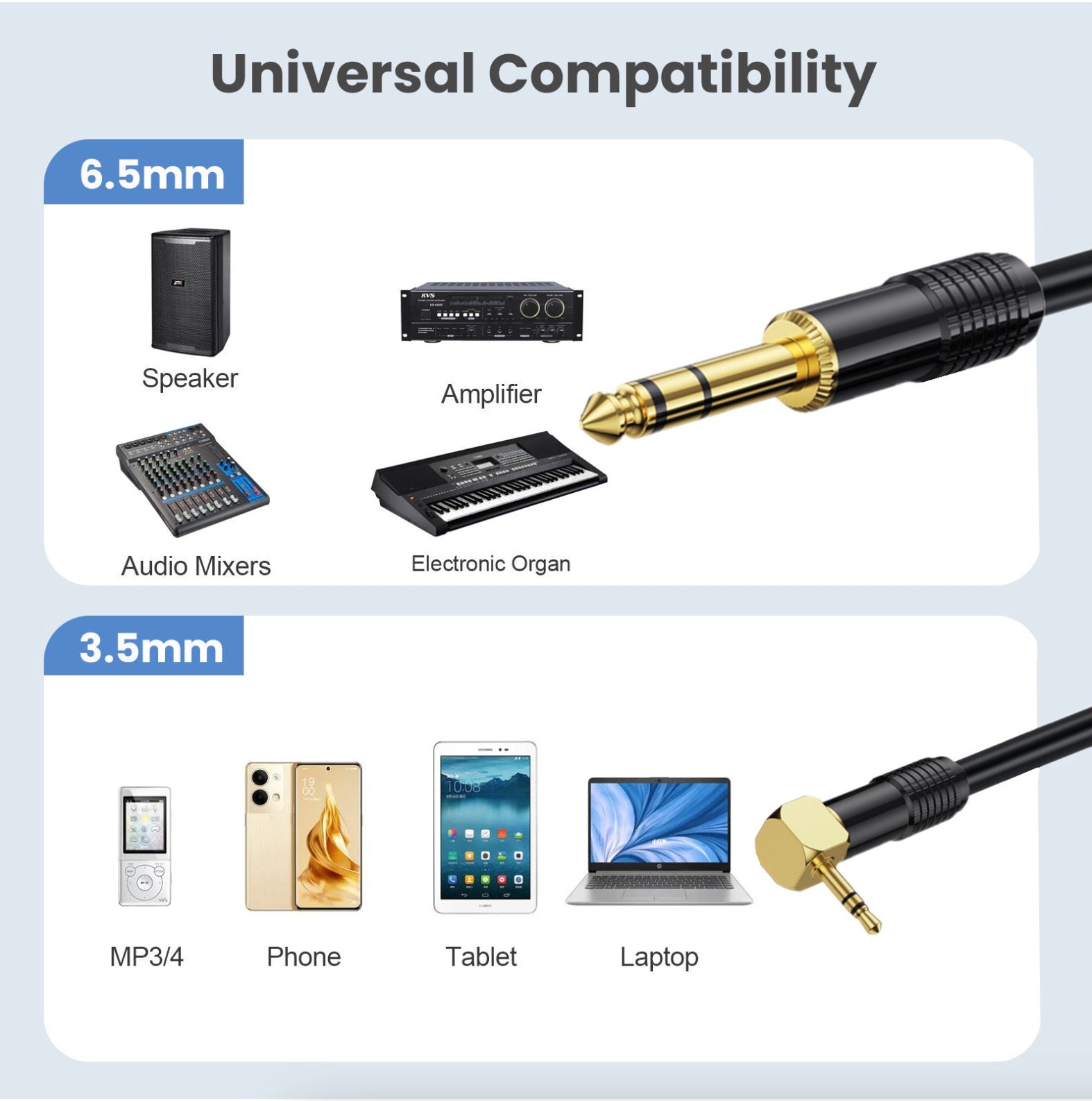 3.5mm to 6.35mm Stereo Audio Cable, 6.35mm 1/4" Male to 3.5mm 1/8" Male TRS Bidirectional Stereo Angled Cable