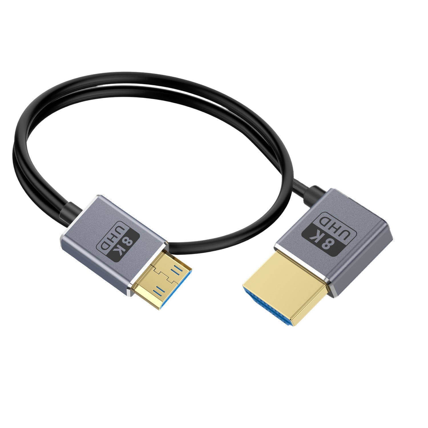 Mini HDMI to HDMI 2.1 Coaxial Extreme Slim Cable,  8K@60H Ultra High Speed 48Gbps |  Right Angle