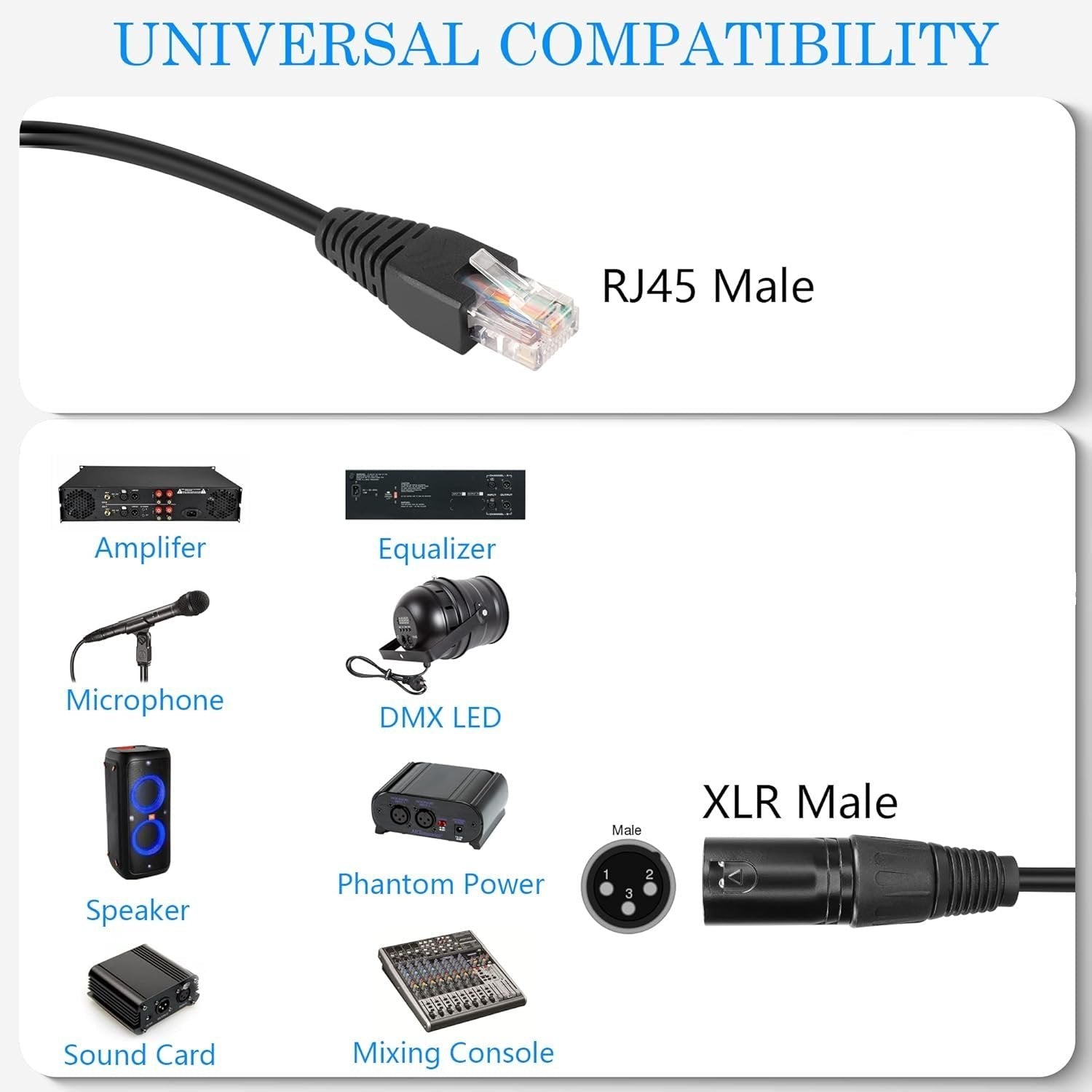 XLR to RJ45 Extension Cable, XLR 3Pin Male to RJ45 Cat5 Ethernet Male Network Connector for for Recording Studio Amplifier Mixer