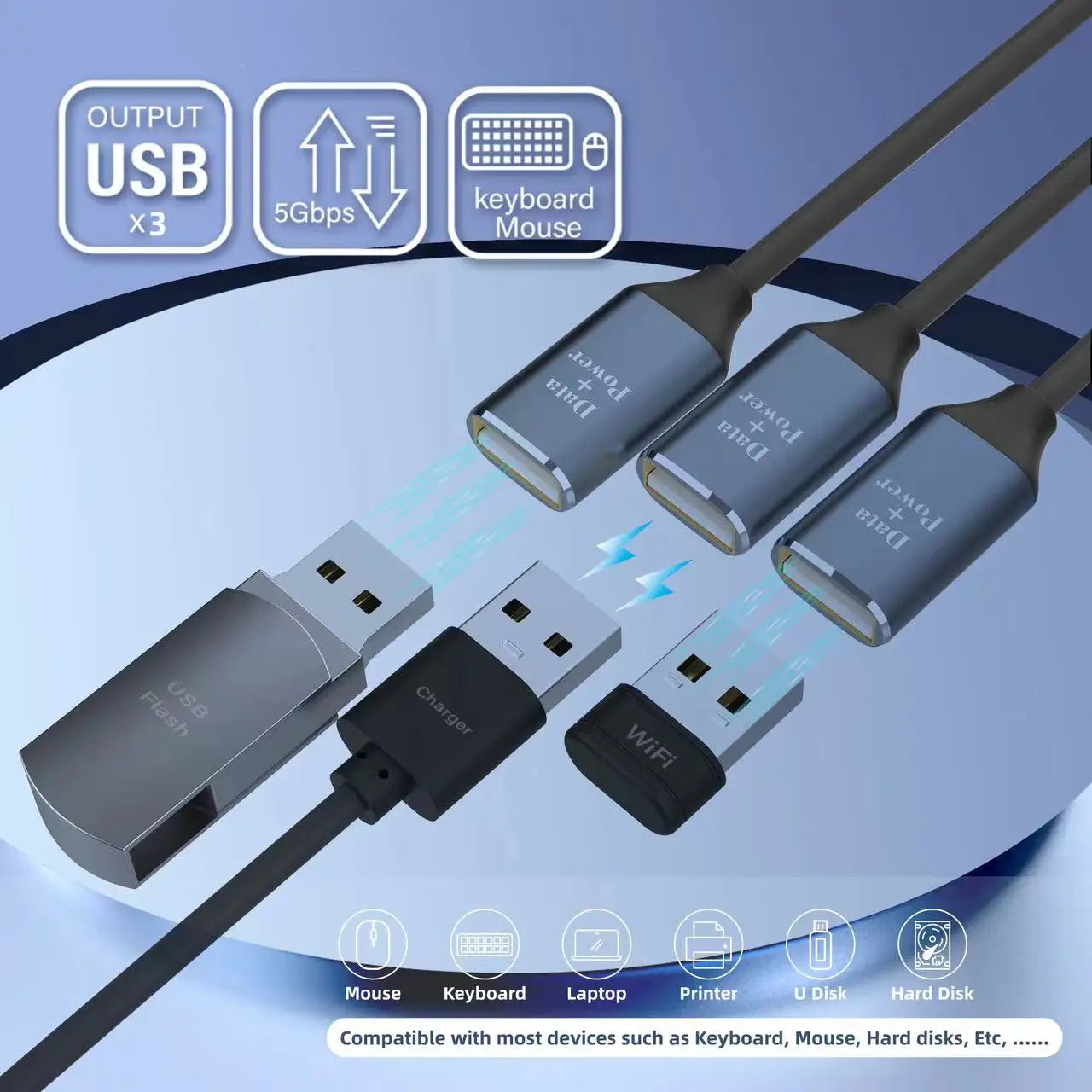 USB 2.0 A Male to 3 x USB 2.0 Female Ports Data Charge Hub Extension Splitter Cable