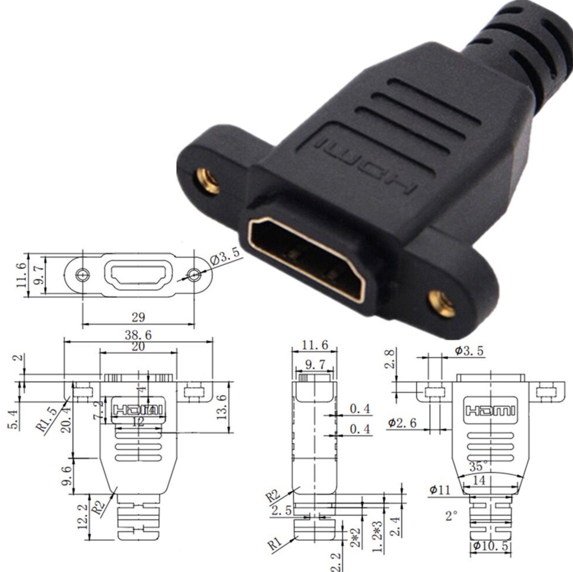 HDMI 2.0 Male to Female Panel Mount Extension Cable 4K 60Hz 0.15m