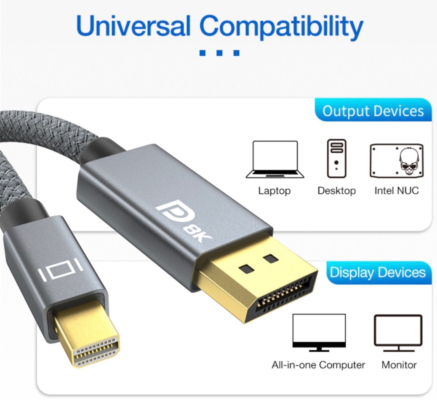 Mini DisplayPort to DisplayPort 1.4 Ultra HD 8K Video Cable 2m