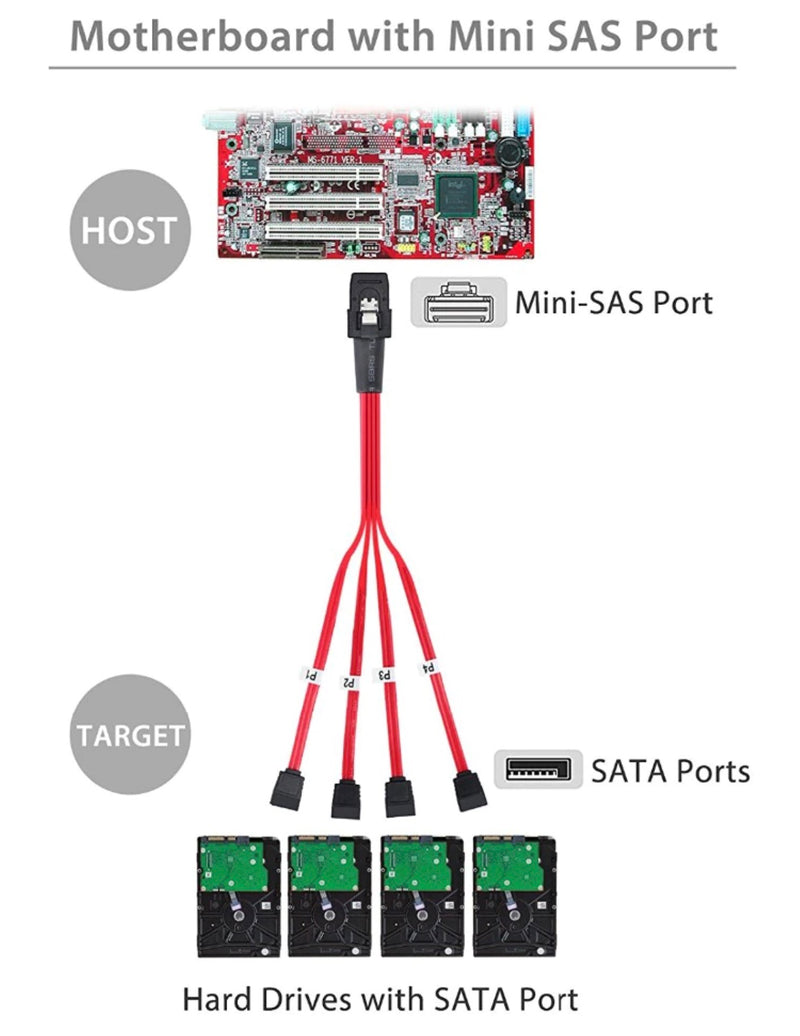 Internal SFF-8087 Mini SAS 36 Pin Male to 4 x SATA 7 Pin Female Forward Breakout Cable 0.5m