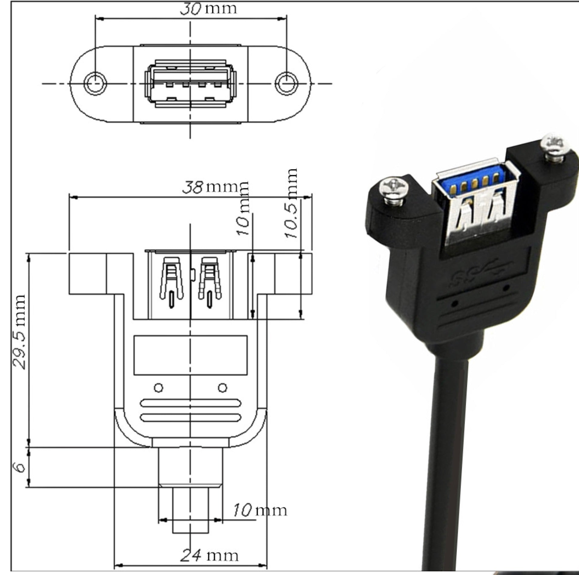 USB 3.0 Dual A Port Female Screw Mount to Motherboard 20 Pin Header Cable 0.3m