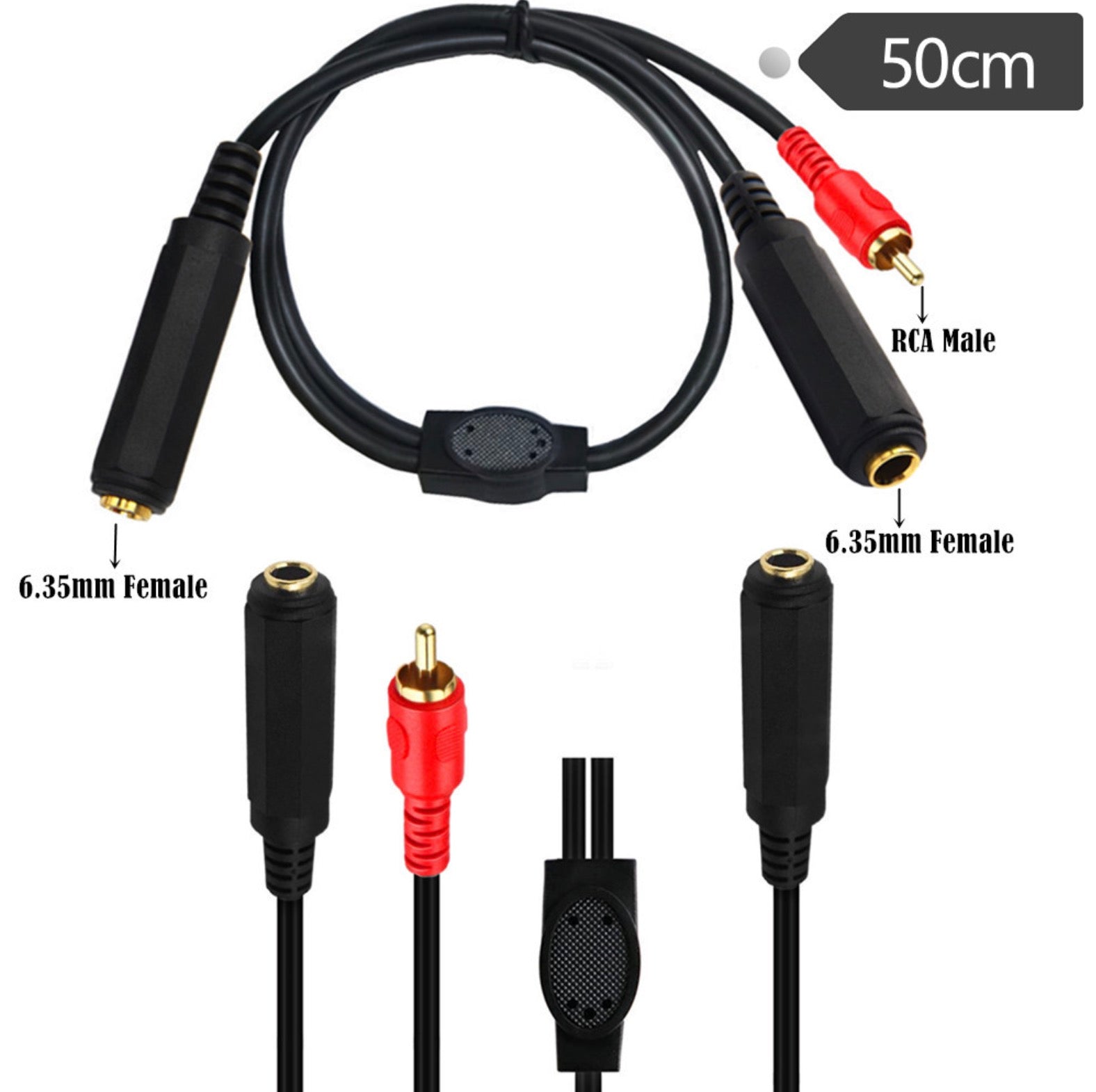 6.35mm Female to 6.35mm Female + RCA Male Stereo Headphone Guitar Extension Cable 0.5m