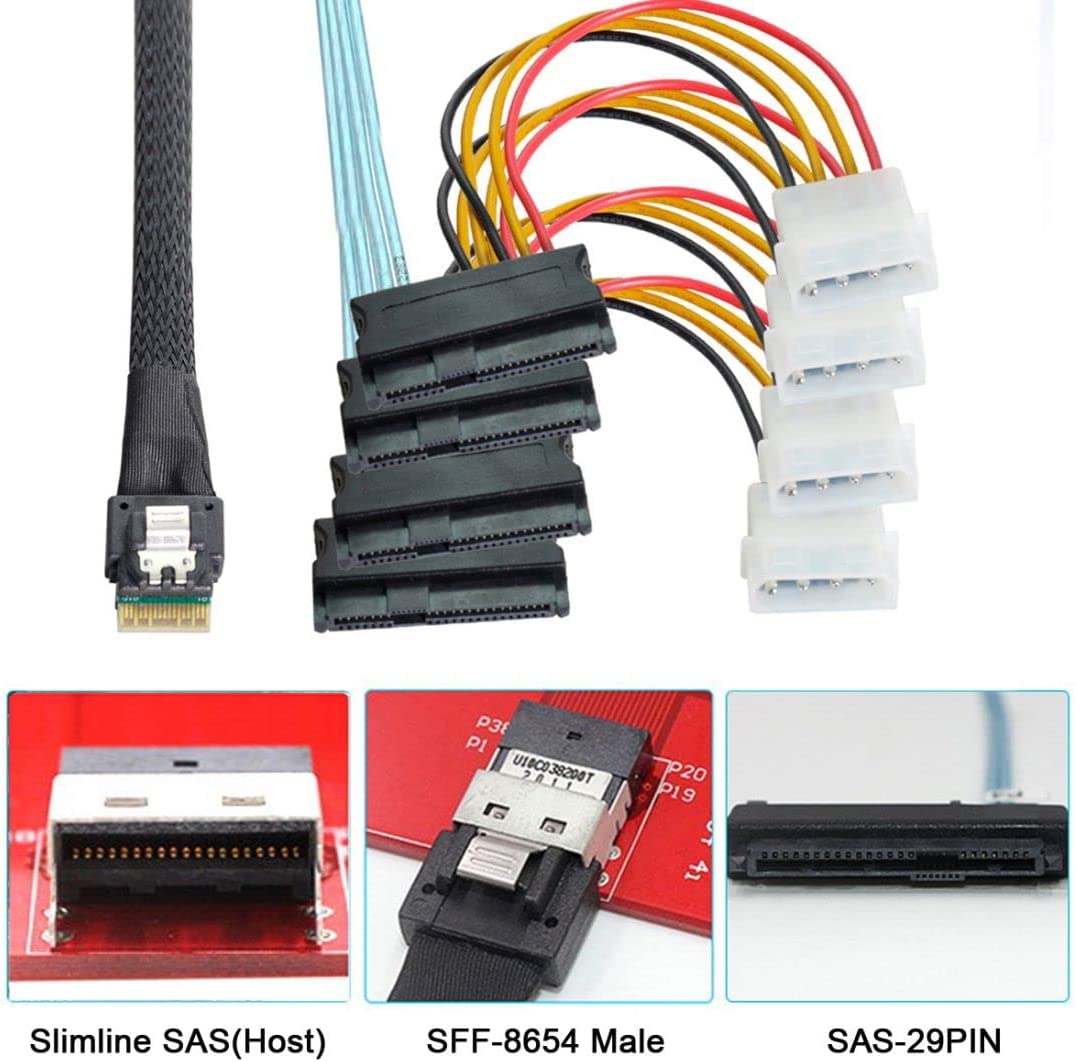 SFF-8654 4i 38 Pin Slimline SAS 4.0 Host to 4 x SAS 29 Pin SFF-8482 Target Hard Disk Fanout Raid Cable 0.5m