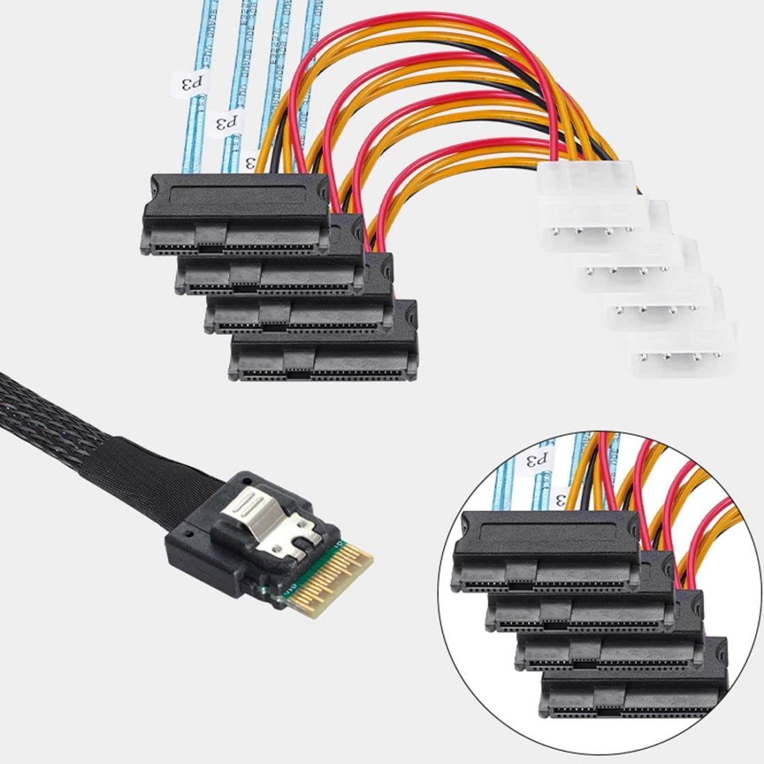 SFF-8654 4i 38 Pin Slimline SAS 4.0 Host to 4 x SAS 29 Pin SFF-8482 Target Hard Disk Fanout Raid Cable 0.5m