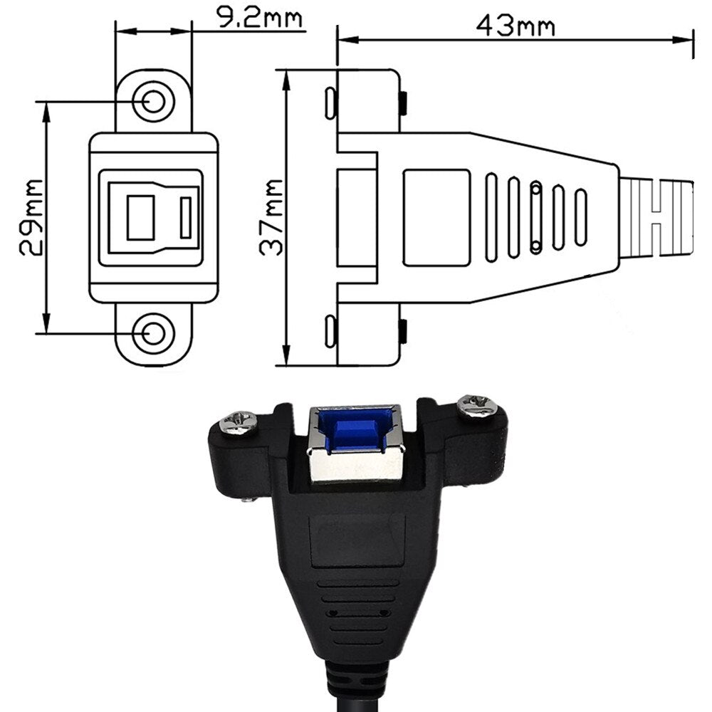 USB-B 3.0 Female Panel Mount to Micro-B Male with M2 Screw Locking Cable