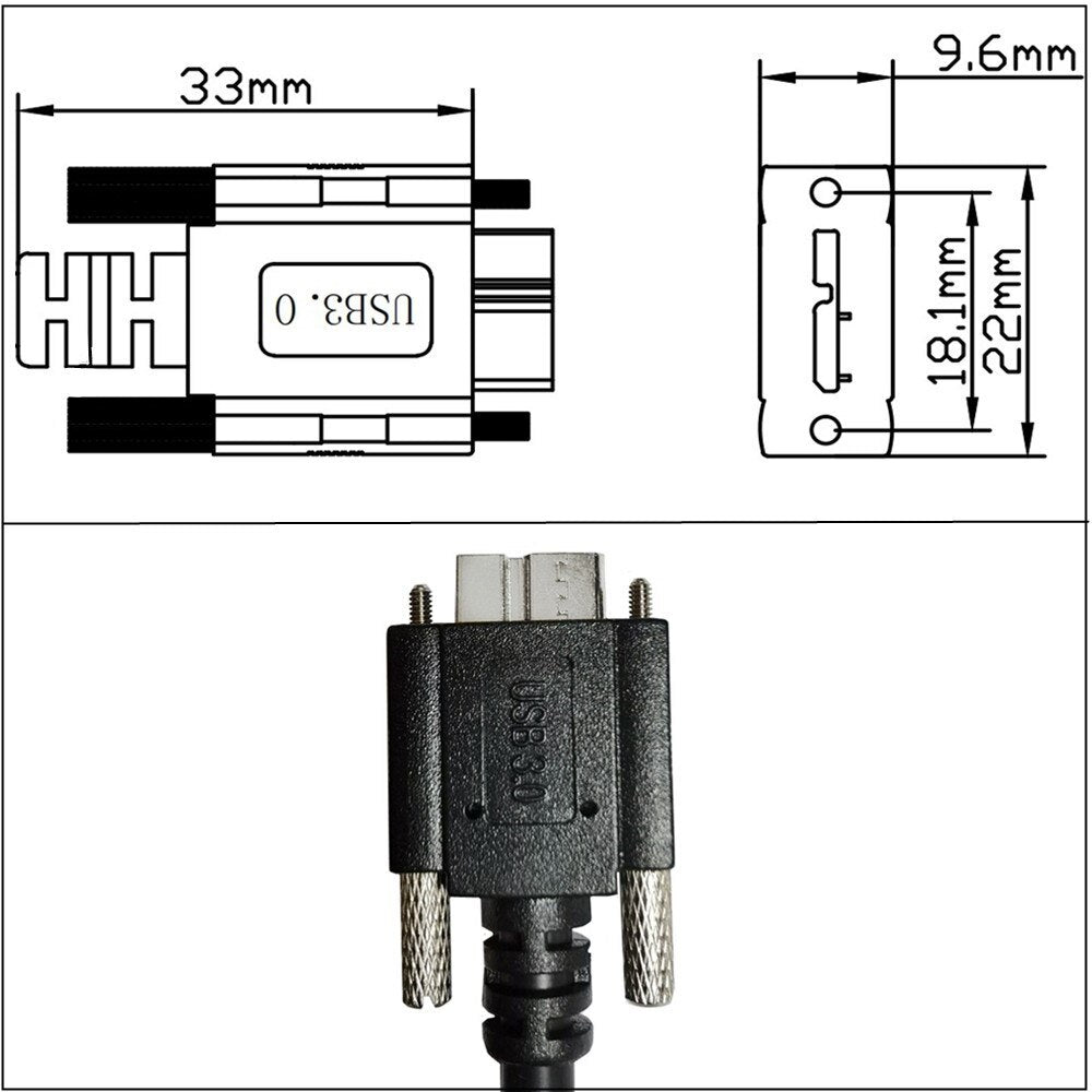 USB-B 3.0 Female Panel Mount to Micro-B Male with M2 Screw Locking Cable