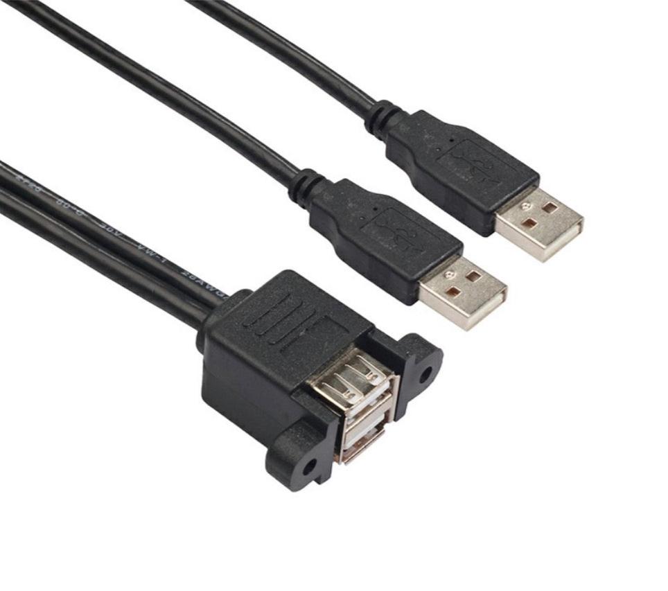 Dual USB 2.0 Type A Male to Female Extension Panel Mount Cable