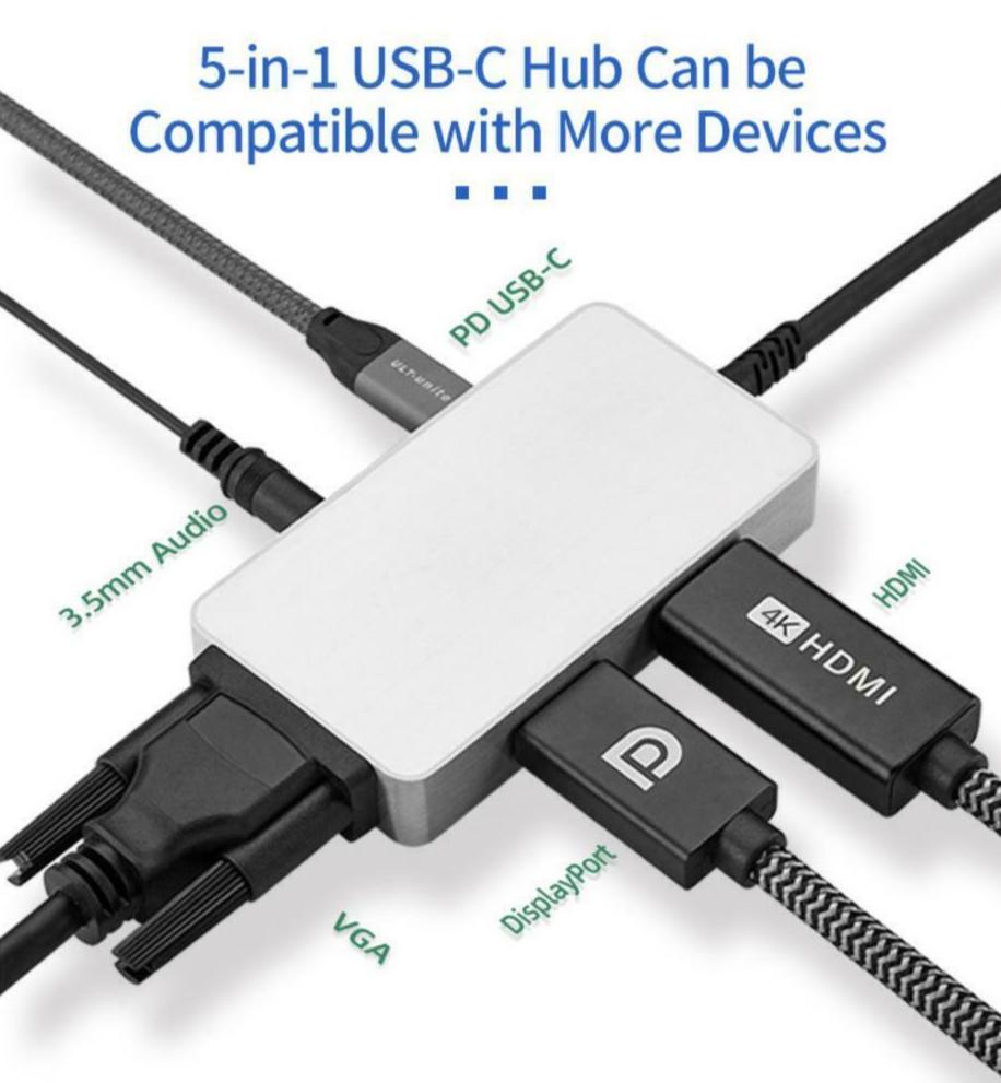 USB-C 5-in-1 Hub with 4K DP, HDMI, VGA + Audio 3.5mm and PD (100W)